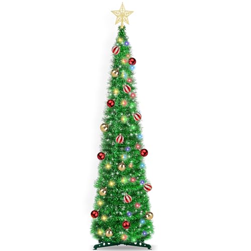 5FT Pop Up Christmas Tree with Timer 60 Warm White & Multi Color Fairy Light 3D Star 25 Ball Ornament, Green Tinsel Christmas Tree Slim Pencil Xmas Tree Home Office Holiday Decor Indoor Outdoor