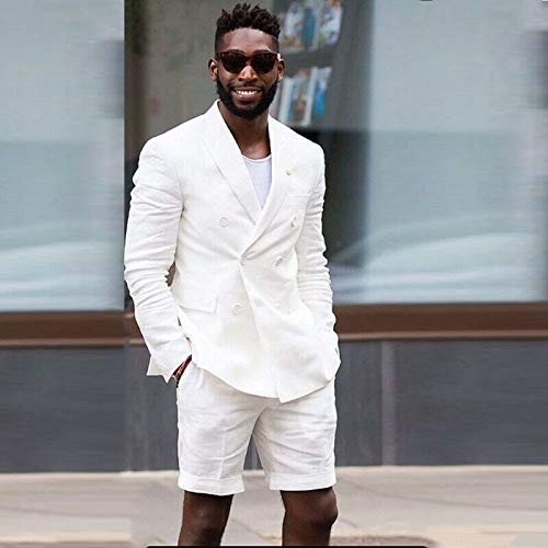 Mens Casual White Linen Tailored Beach Wedding Slim Fit Tuxedo Suit Blazer & Shorts Set #TOP2