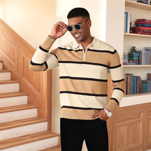 EDITCOZY Men Casual Polo Shirts Vintage Striped Golf Shirts Knit Rugby Shirt Lightweight Polo Sweater2