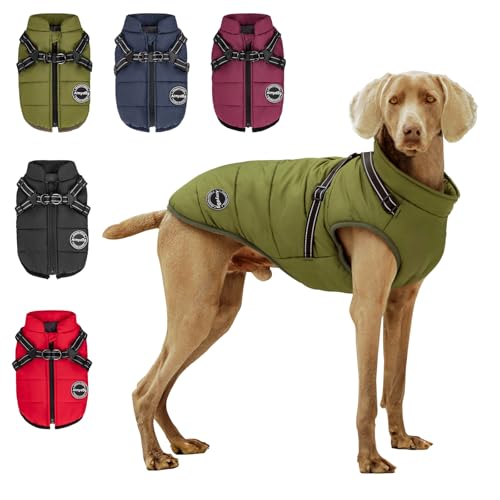 Aimydog Hundemantel Winter, Wärme Hundejacke Mit Brustgurt Gurt Winddichte mit bauchschutz, Haustier Outdoor Reflektierend Hundeweste mit Fleece Gefütterte für Kleine (Grün, L)