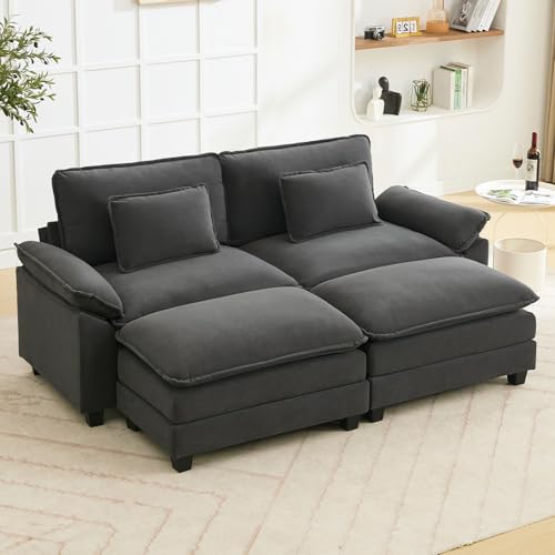 Image of Oprisen 86 inch Modular Sectional Sofa, Comfy Cloud Couch Sectional Sofa with Ottoman, Velvet Sofa Sleeper Deep Seat Sofa with Throw Pillows for Living Room (Blue Grey)