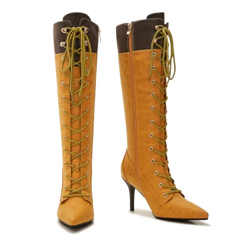 Women's Two-Tone Lace-Up Knee High Boots, Pointed Toe Faux Leather Stiletto Heel Dress Boots for Fall Winter3