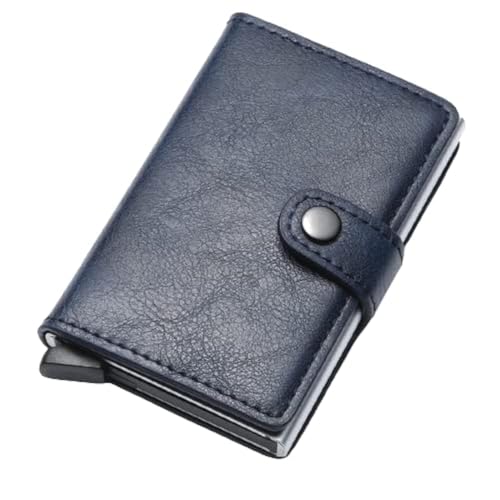 Credit Card Holder RFID Blocking Leather Automatic Pop Up Wallet Aluminum Slim Pocket Bifold Business Card Case with Button (Blue)