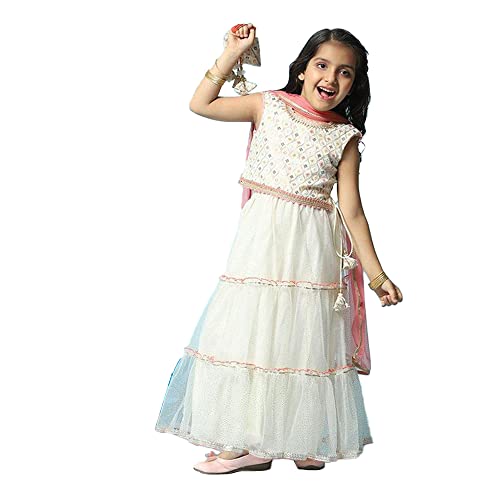Image of BIBA Girl Cotton Tiered Embroidered Lehenga Set