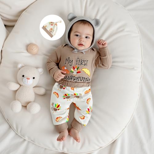 Lamuusaa Newborn Baby Boy Thanksgiving Outfit My First Thanksgiving Romper Turkey Long Pants Hat 3Pcs Clothes Set2