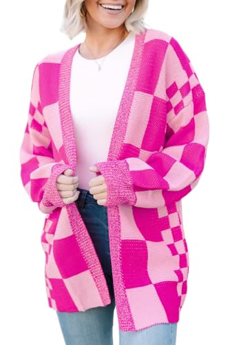 Stylish Long Sleeve Cardigan: Rose Red Checkered Print with Ribbed Trim