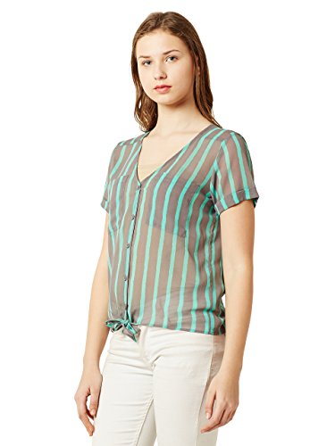 Image of Miss Chase Women's Mint And Grey V-Neck Short Sleeves Buttoned Striped Tie-Up Loose Fit Top