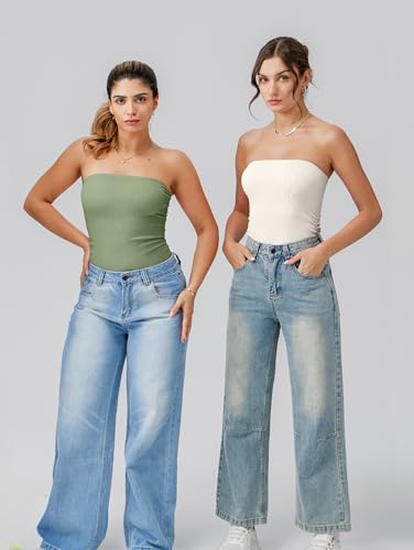 Image of OQQ Womens Tube Bodysuits Strapless Basic Sleeveless Ruched Stretch Classic-Fit Tops Sexy Bodysuits
