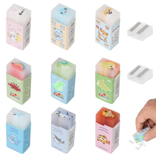 DYMHQ - 9 Gommes Rectangulaires pour Enfants, Gomme Enfant Dinosaure/Monde Océanique/Animal, 4.5CM Douce Amusant Mignon Crayon Gomme avec Taille-Crayon pour Écrire/Dessiner/Fournitures de Bureau