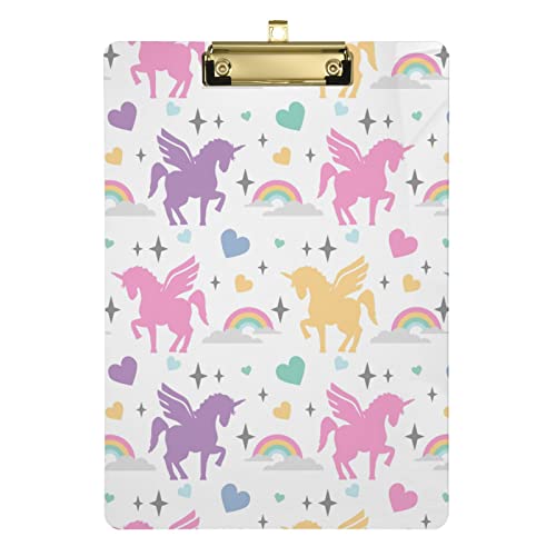 Einhorn mit Regenbogen und Herzen Klemmbrett A4 Standardgröße Hartfaserplatte mit niedrigem Profil Metallclip für Studenten Frauen Mann 22,9 x 31,8 cm Cover