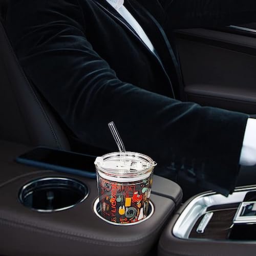 Image of KELVEE Random Design Glass Tumbler with Lid, Cartoon Pattern,Multipurpose Drinking Cup Measuring Milk Mug with Silicone Straw Drink for iced Tea,Coffee,Juice,Smoothie Sipper Set of 1, 400ml (Printed)