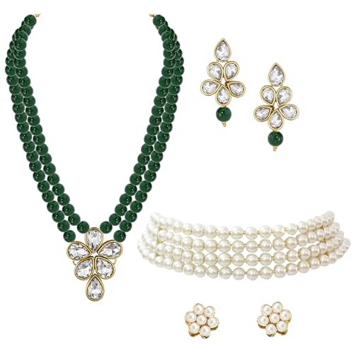 Image of Peora Crystal Faux Pearl Kundan Necklace & Jewellery Set Gift for Women