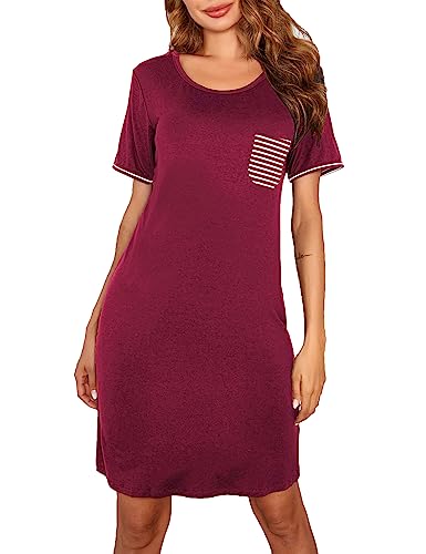 Ekouaer Women's Short Sleeve Nightgown Summer Full Slip Sleep Dress Soft Nightshirt Chemise Sleepwear Dresses-Wine Red M #TOP1