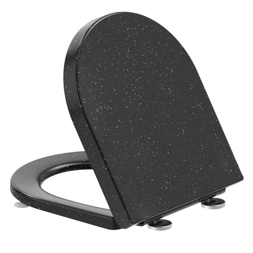 SREWOHS PRO Abattant WC D Forme en Urée-formaldéhyde avec Abaissement Automatique -Couvercle WC Noir Effet Marbre avec Quick-Release - Abattant Silencieux...