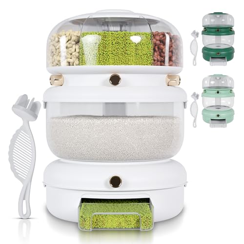Rice & Multi-Grain Dispenser – Airtight 3-in-1 Rotating Food Storage with Strainer, Holds Up to 22 lbs (12 lb Bulk + 6 Compartments)