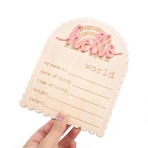 Image of Wooden inchHello World inch Baby Announcement Board - Newborn Birth Sign, Baby Shower Decor, Hospital Nursery Information Board, Baby Milestone Photo Prop, Gender Neutral Keepsake(Rainbow Bohemia)