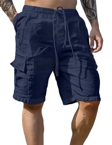 PADOLA Short Homme Coton Lin Bermuda avec 4 Poches Été Plage Cargo Shorts et Bermudas Taille Elastique Short de Travail Cordon de Serrage Uni Baggy...