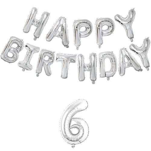 Image of Flyloons 6th Silver Colour Happy Birthday Foil Balloon Set For 6 Year Old Boys Girls Kids | With Number Six | 13 Letters Reusable Happy Birthday Metallic Foil Balloons Decoration Kit, 14 Pcs