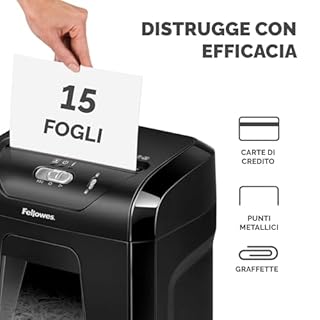 Fellowes FS-15C Distruggidocumenti, Taglio Incrociato, 15 Fogli, P4, Cestello Estraibile 19L, Alta Sicurezza per Casa e Ufficio, Silenzioso e Potente, Nero