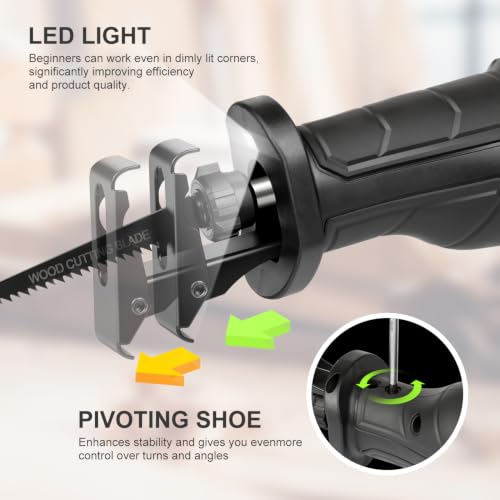 Image of GALAX PRO 900W Reciprocating Saw Variable Speed,Adjustable angle,LED | 0-3000SPM Electric saw with 22mm Stroke & 200mm max Wood Cut Depth, Tool-Free Blade Swap,5 Assorted Blades,for metal /wood /PVC