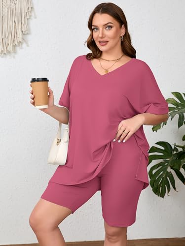 Image of AusLook Women's Plus Size 2 Piece Short Outfits Set Short Sleeve Tops and Shorts Pants Lounge Jogging outfits Matching Set