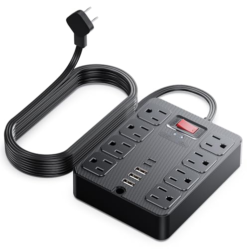 13 in 1 Surge Protector Power Strip Flat Plug 8 Widely AC Outlet 3 USB Ports,1250W/10A，5 ft
