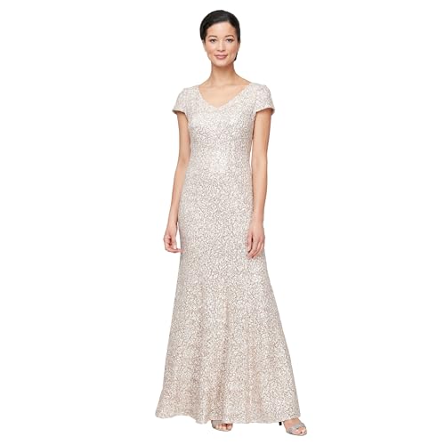 Image of Alex Evenings Womens Long Rosette Mother of The Bride Dress with Short Sleeves, Wedding Guest (Petite and Regular Sizes)