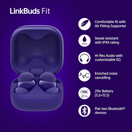 Image of Sony LinkBuds Fit: Truly Wireless Noise Cancelling Bluetooth Earbuds - All Day Comfort, IPX4, Hi-Res Audio, Ambient Sound Mode, 21Hrs Battery, Multipoint, iOS & Android - Violet