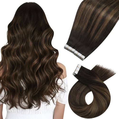 Image of Moresoo Brown Balayage Real Human Hair Extensions Tape in 22in 40Pcs 100g | Tape in hair extensions real human hair, fuller coverage, flat tabs, long layers for French twists and formal events