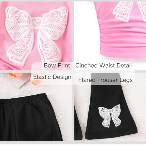Image of Girls Clothes 2 Piece Short Sleeve Lace Bow Print Tops Flared Pants Set Little Girl Outfits Size 7-14