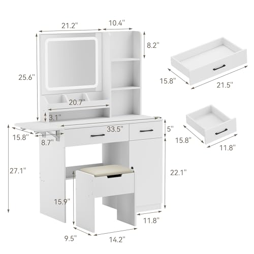 Dowinx Vanity Desk with Mirror and Lights, Power Outlet Makeup Vanity Table with 3 Drawers and 7 Shelves Dressing Table with Storage Stool for Girls Bedroom Dressing Room, White