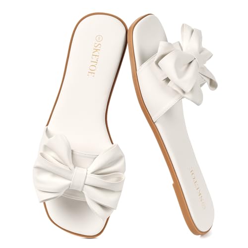 SKETOE Womens Bow Flat Sandals Saquare Toe Comfortable Slide for Wedding