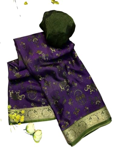 Image of Kalamkari Floral Prints Dola Silk Saree With Rich Zari Border Designer Pallu Attach Blouse Piece