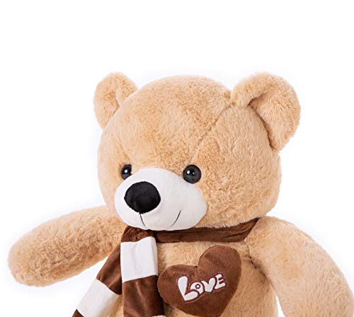 YunNasi Teddybär Groß Riesen Teddy Bär Hellbraun 100cm Plüschtier Kuscheltier Stofftier Teddybär mit Herz und Schal