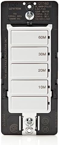 Leviton Countdown Timer Switch for bathroom fan and household lights, 10-20-30-60 min, No Neutral Required, Single Pole, 15A, 1/2HP/9.8A Fan/Motor, DT160-1LW, White