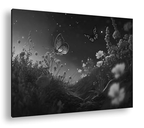 Toile murale noire et blanche deyoli Papillons magiques cadre en bois 90x60
