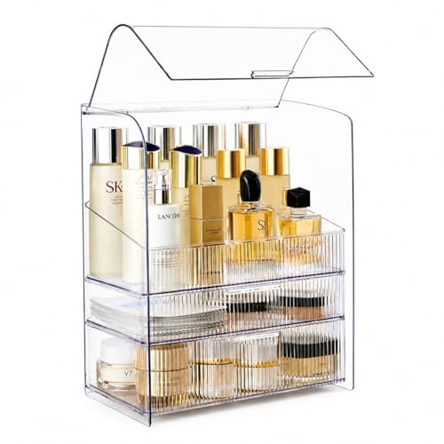Image of JIALTO Makeup Organizer with Drawer Storage, Transparent Cosmetic Organizer Box with Dustproof Cover, Skincare Perfume Storage Case for Dressing Table, Bathroom Vanity Organiser for Women -Transparent