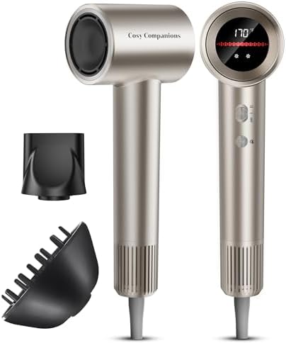 Cosy Companions Hair Dryer, 150000 RPM High-Speed Hairdryer for Fast Drying, Low Noise, HD Display, 5 Temps & 2 Speeds, 500 Million Negative Ionic Blow Dryer, Gold