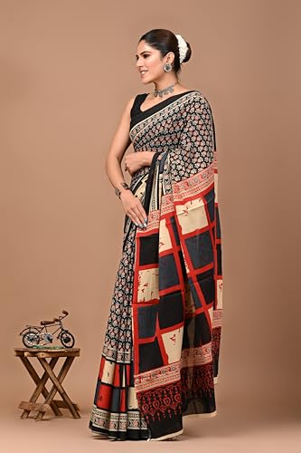 Image of Crafts Moda Hand Block Ajrakh Print Cotton Saree for women with Blouse | Soft comfortable wear sari
