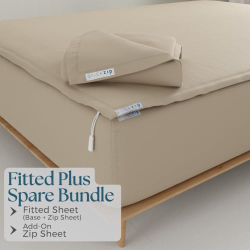 Image of QuickZip Fitted Sheet - Includes 1 Base & 2 Zip-On Sheets - Easy to Change, Won't Pop Off - Soft Sateen 400 TC Cotton - 17.5' Deep Pockets - Sand