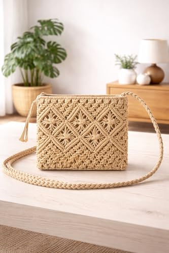 Image of Handmade Boho Macrame Crossbody Sling Bag for Women, Natural Cotton Handwoven Mini Purse, Beige Macrame Sling Bag for Women SIZE 25x20 cm drop Handle 55 CM