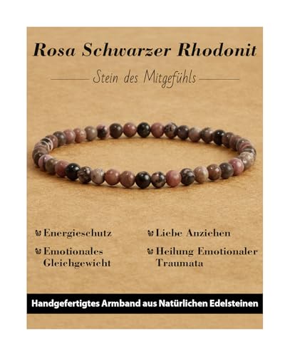 Landorilo Naturstein Perlen Heilstein Armband aus 4mm Runde Steinperlen, Yoga Armbänder für Damen Herren, Glücksarmband, Exquisite Geschenke, Ersatzperlen Inklusive(R Rosa Schwarzer Rhodonit)