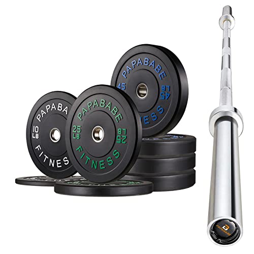 PAPABABE 250lb Bumper Plates with Olympic Barbell 1000LB Weight Capacity, 2 Inch Olympic Weights Plates, Weights Lifting Power Lifting