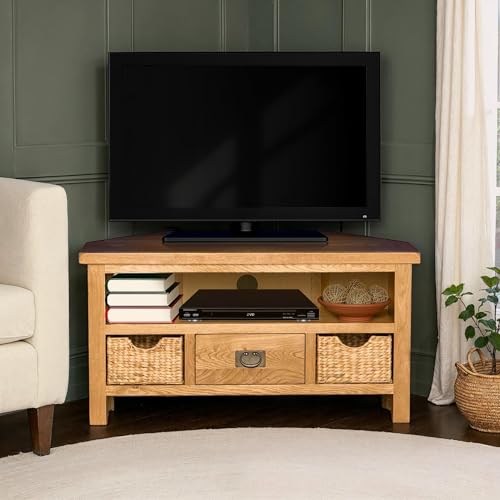 RoselandFurniture Farrow Grey Corner TV Stand with Baskets & Oak Top for Living Room or Bedroom | 100 cm Painted Solid Wood Television Cabinet Unit for up to 45 inch TVs | Fully Assembled - Image 3