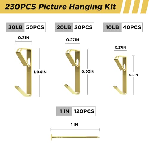 Image of Picture Hanging Hooks 230 Pieces,10lb, 20lb, and 30lb Picture Hangers ,Nails Hanging Kit, Metal Picture Hangers for Drywall Wooden Wall,Gold