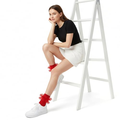 Image of Geyoga 3 Pairs Women Big Ruffle Socks Turn Cuff, Double Lace Ankle Cotton Frilly Socks for Ladies Summer