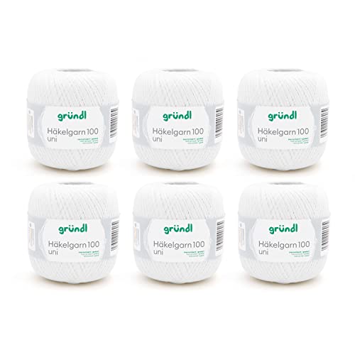 Gründl Laine Häkelgarn 100 – laine fine estivale pour le crochet – brillante et lavable – fil de coton – 100% coton – 6 pelotes 100 g / 566 m –...