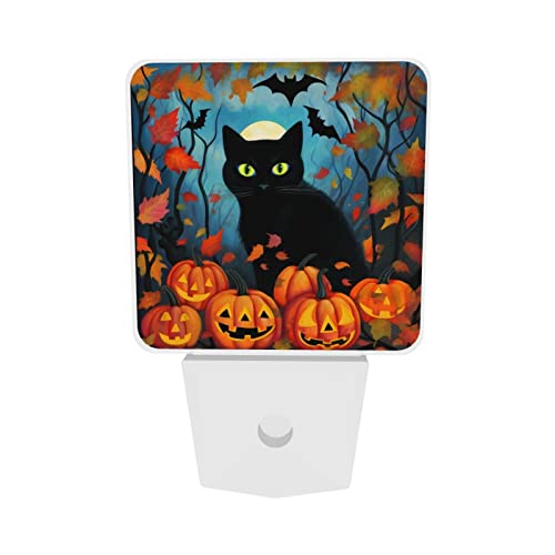 Image of Black Cat Leaves LED Plug-in Night Light 2-Pack, Auto Sensor Emergency Halloween Pumpkin Nightlights Set of 2 for Dawn Bedroom Kitchen /Dusk Bathroom /Night Stairs Hallway Toilet