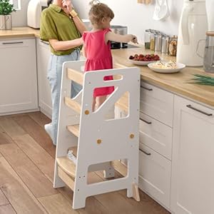 Sephyroth Adjustable Toddler Standing Tower–Complete Toddler Stool Helper with Safety Rail–Ideal Kids Learning Step Stool for Cooking Cleaning More–Sturdy Wooden DesignWhite