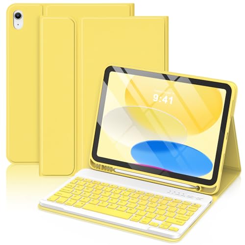 Image of MMK iPad 11th 10th Generation Case with Keyboard (2022, 10.9 inch), Wireless Detachable Keyboard, Pencil Holder for iPad 11 Inch (A16 2025), 10th Gen (10.9 Inch 2022) Yellow